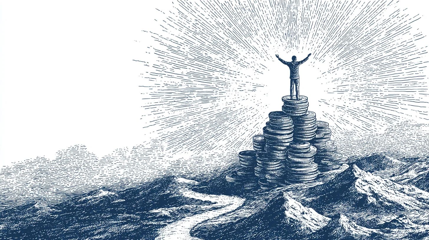 Person standing triumphantly on mountain of coins representing financial freedom
